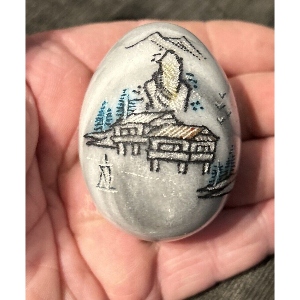 Vintage Marble Asian Forest Mountain Village Etched Painted Alabaster Egg